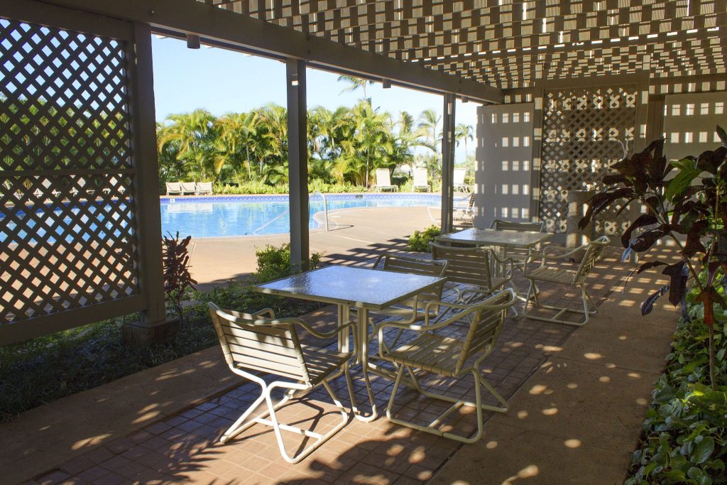 Shaded seating at the pool